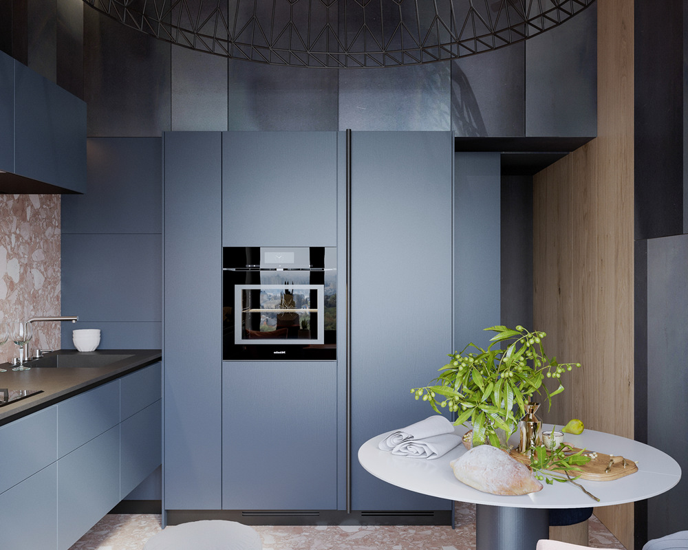 Дизайн синего кухонного шкафа