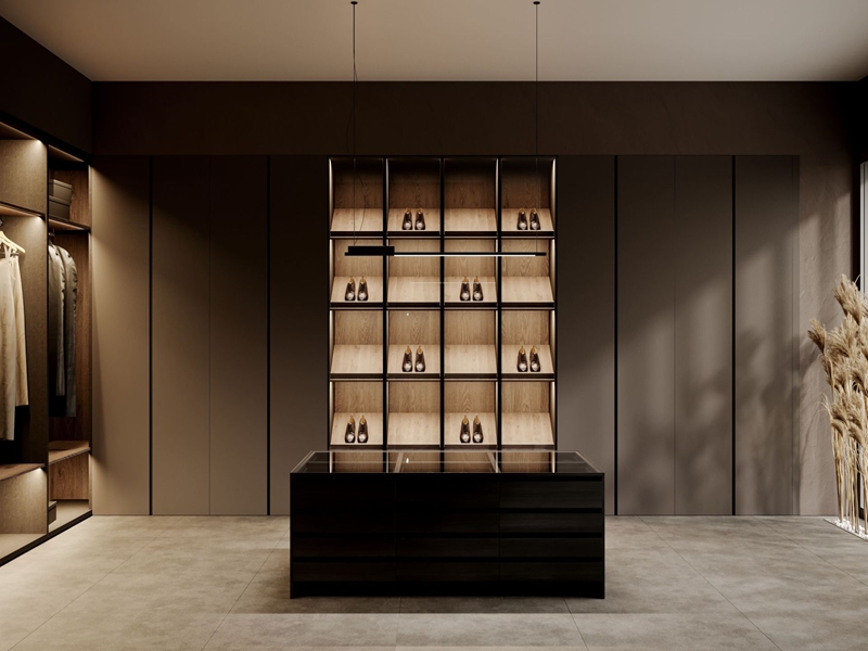 Роскошный минималистичный стиль, однотонная окрашенная гардеробная из цельного дерева с дизайнерскими дверцами шкафа без ручек