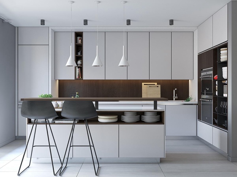 Высокие минималистские матовые белые лакированные кухонные шкафы из массива дерева с красивым линейным дизайном