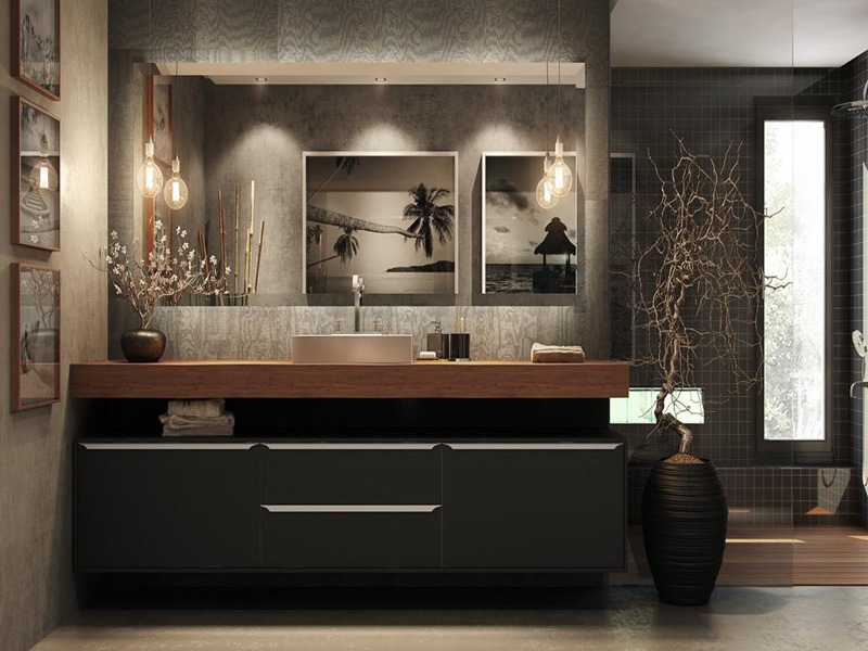 Высококачественный черный лакированный роскошный шкаф для ванной комнаты из массива дерева