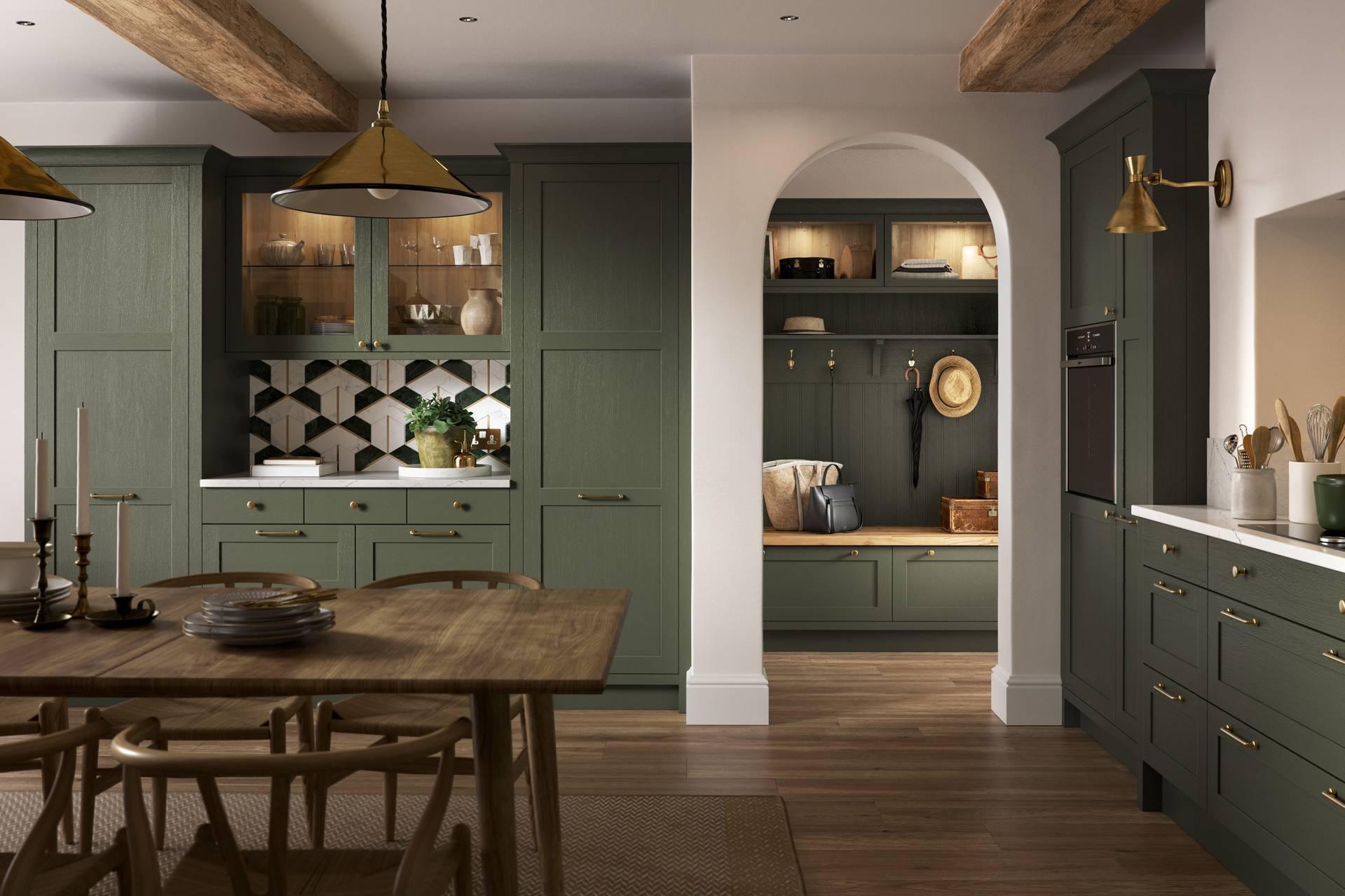 Высококачественные темно-зеленые лакированные кухонные шкафы из массива дерева с золотыми ручками