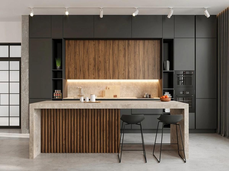 Высококачественные изготовленные на заказ черные лакированные кухонные шкафы из массива дерева с дизайном кухонного острова из дубового шпона