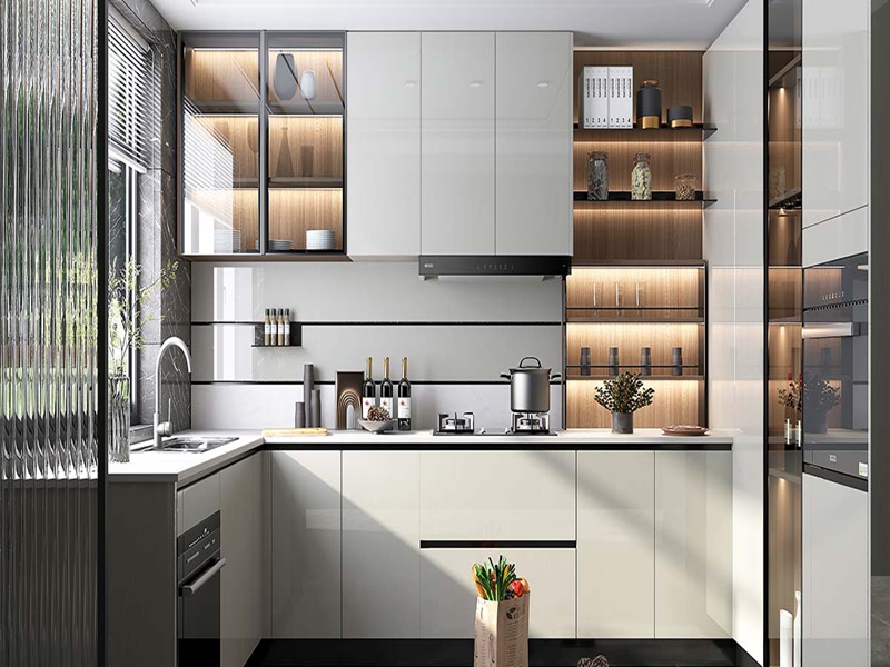 Высококачественные современные глянцевые белые лакированные кухонные шкафы из массива дерева с черными ручками