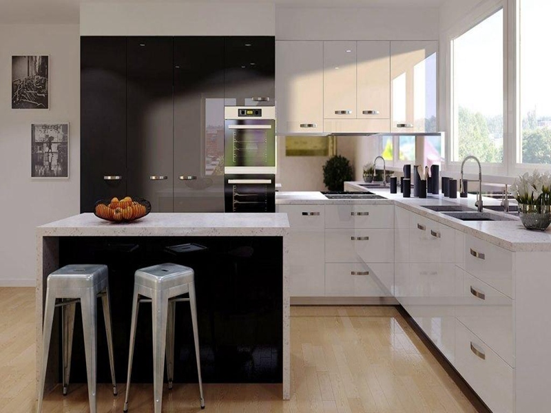 Двухцветные шкафы в современном стиле с глянцевой акриловой отделкой Черно-белые кухонные шкафы