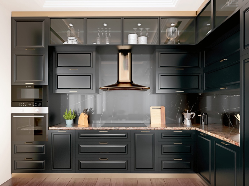 Кухонные шкафы лака стиля шейкера черные с дизайнами кухонного острова