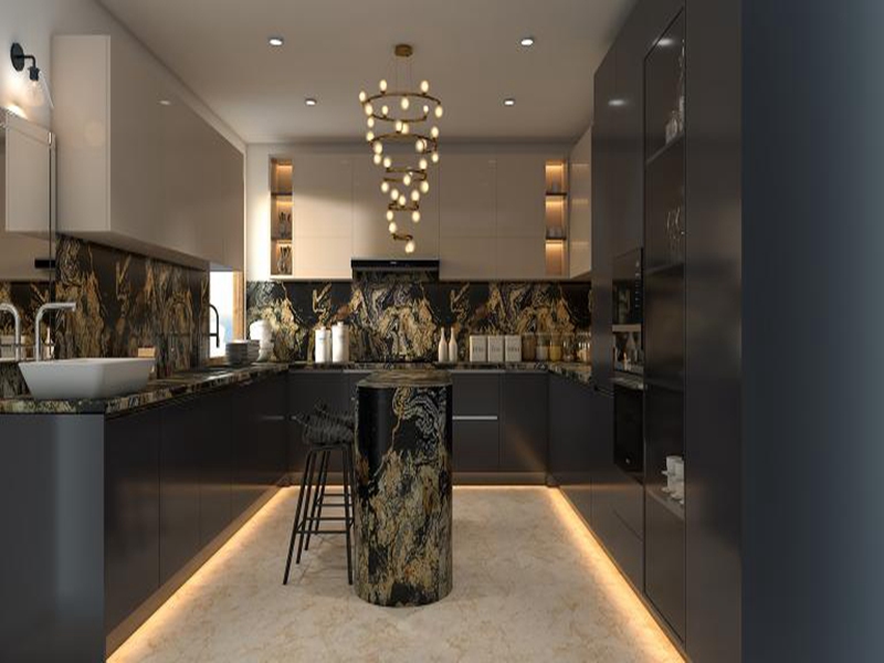 Светлый роскошный дизайн однотонного кухонного шкафа с лаковыми панелями