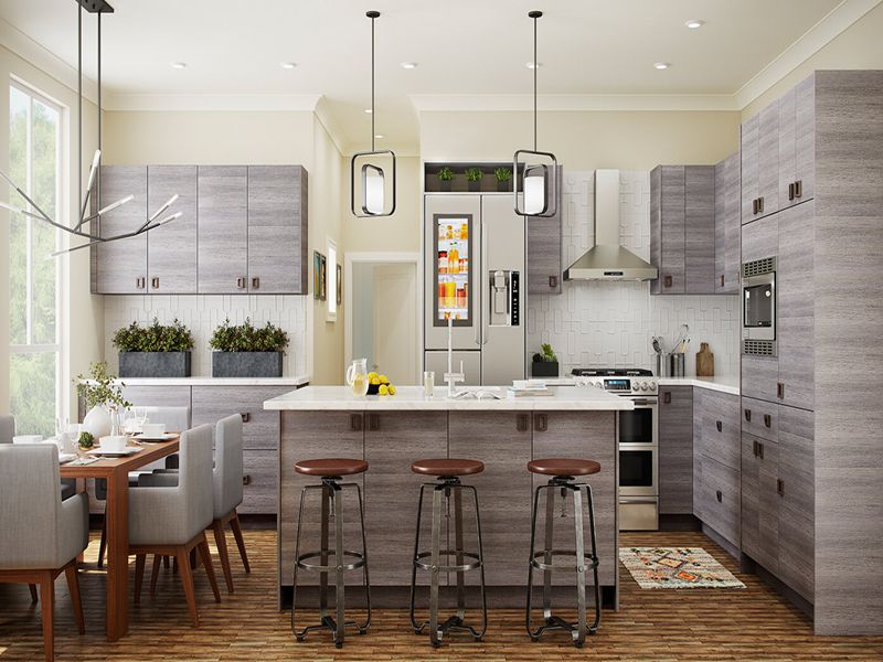 Минималистичные кухонные шкафы из массива дерева серого цвета с дизайном кухонного острова