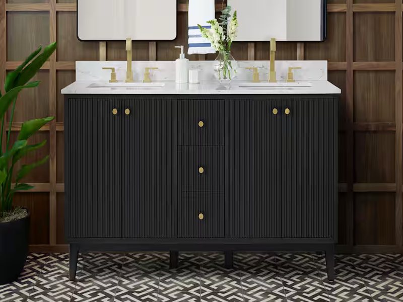 Современный светлый роскошный стиль черный лакированный шкаф для ванной комнаты из массива дерева с рифлением